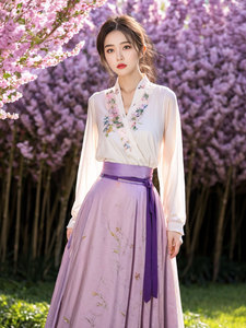 新中式国风紫色马面裙套装2024新款夏季禅意女装交襟汉服刺绣裙子