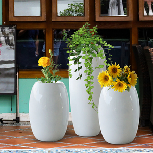 商场户外大型椭圆花瓶玻璃钢雕塑别墅庭院白色花缸落地装饰品摆件