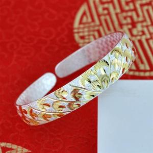 s999足银彩银手镯纯银镀彩金孔雀开屏开口手镯女款送妈妈礼物银饰