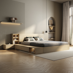 双人床主卧1.8米北欧储物落地床1.5米简约现代日式榻榻米收纳床