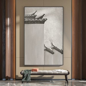 新中式黑白灰装饰画中国风徽派建筑壁画客厅茶室玄关走廊竖版挂画
