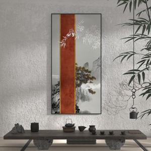 新中式装饰画中国风山水松树红色客厅背景墙玄关走廊过道竖版挂画