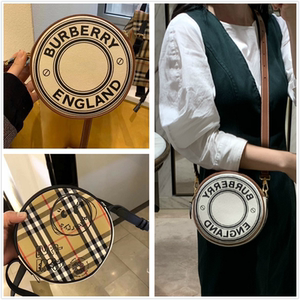 代购burberry女包 巴宝莉圆饼包louise字母帆布拼皮单肩斜挎圆包