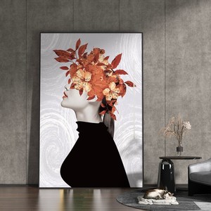 现代轻奢客厅玄关人物装饰画鲜花美女侧面艺术背景墙壁落地挂画