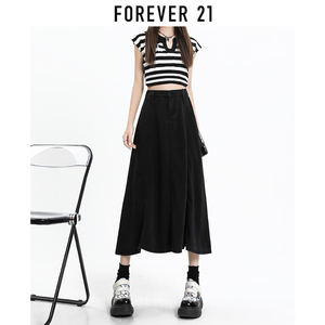 Forever 21黑色天丝垂感牛仔半身裙女夏季薄款高腰百搭a字长裙子