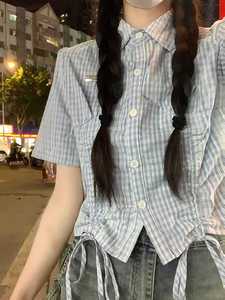 日系学院风格子抽绳短袖衬衫女夏季小众法式设计感绝美短款衬衣服