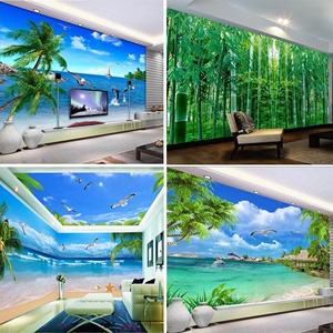 8d蓝天白云海景海滩沙滩壁画饭店餐馆电视背景墙纸竹林风景壁纸布