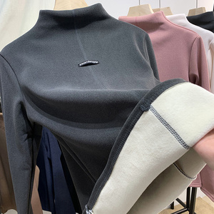 春秋新款半高领双面澳绒加绒加厚打底衫女内搭德绒一体绒保暖上衣
