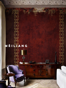 美式红色暗红色壁纸复古怀旧法式轻奢墙纸卧室客厅电视背景墙壁布