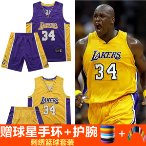 奥尼尔复古刺绣球衣湖人队34号大鲨鱼加大码加肥篮球服套装运动