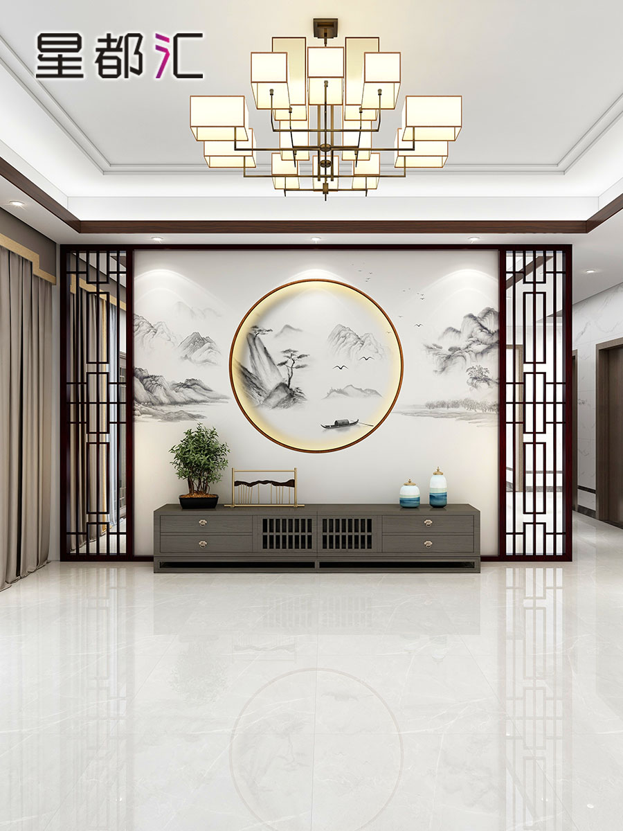 新中式电视背景墙壁纸客厅影视墙壁画立体墙布山水壁布2021年新