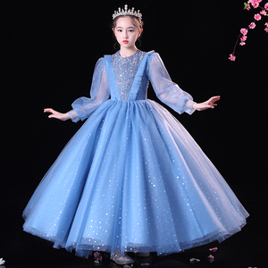 女童高级晚礼服公主裙生日蓝色走秀主持人高端儿童钢琴演奏演出服