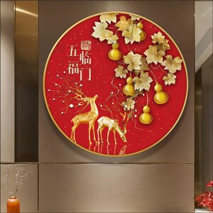 五福临门钻石画满钻2021新款现代中式客厅5d钻石绣圆形玄关十字绣