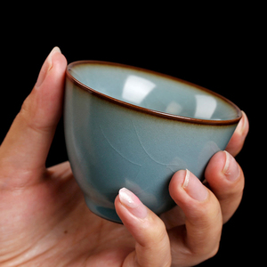 汝窑西园堂罗汉主禅定杯湖蓝开片a可养茗夫茶杯杯人杯品功单杯陶