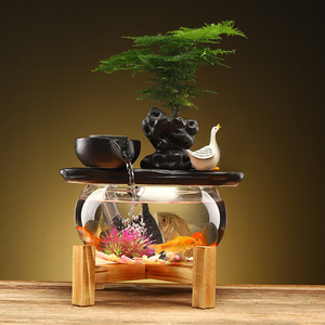 流水生财透明玻璃小金鱼缸创意摆件家居客厅办公景观乔迁装饰礼品