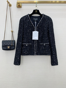 chanel/香奈儿22早春新款法式小香风黑色收腰显瘦斜纹软呢外套女