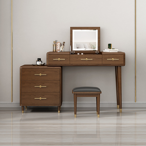 新中式梳妆台卧室现代简约化妆台镜子带灯收纳床头柜一体实木新款
