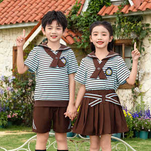 小学生校服套装幼儿园服夏季学院海军风条纹T恤两件套儿 童班服