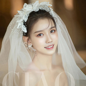 森系唯美新娘婚纱头纱浪漫仙美蕾丝法式短款造型头饰波浪边配饰品