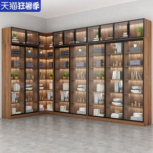实木生态板书柜带玻璃门现代简约书架客厅转角手办展示柜定制书橱