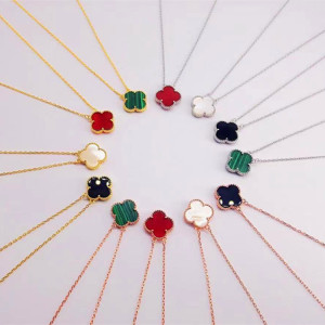 vca梵克雅宝四叶草项链女18k玫瑰金白贝母灰红玉髓锁骨链