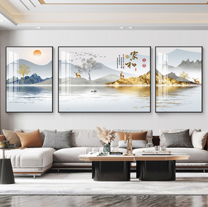客厅装饰画新中式三联沙发背景墙挂画山水画轻奢现代简约壁画2022
