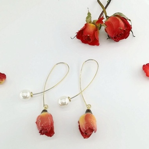 干枯玫瑰耳夹真花朵永生花干花森系长款复古珍珠耳环无耳洞耳夹款