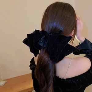 拍照好看的夹子超级大号黑色丝绒蝴蝶结头饰发夹法式复古巨大发饰
