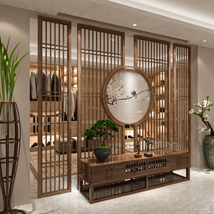 新中式茶室办公室实木屏风座屏顶天立地隔断定制镂空栅栏玄关客厅