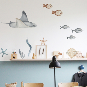 《海洋之歌》复古鲨鱼动物插画墙贴儿童房ns风装饰贴纸书房布置