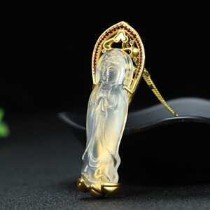 一元拍卖 巴西玛瑙玉髓 古法金镶嵌民族风高冰站观音吊坠挂件项链