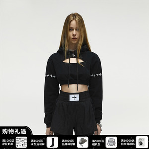 smfk无限运动帽衫镂空印花连帽卫衣短款上衣纯棉女秋ug001b