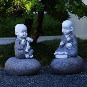 中式庭院装饰品敲木鱼小和尚石雕摆件花园禅意招财如意小沙弥佛像