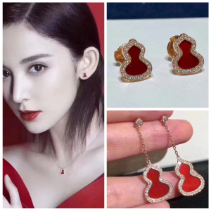麒麟葫芦如意耳钉18k玫瑰金带钻中小号红玉髓白贝母镂空耳坠耳环