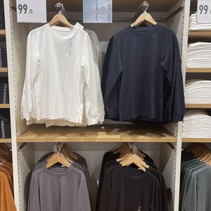 优衣库种草社秋季男女长袖凉感纯色打底衫棉混纺圆领t恤440523