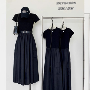 【现货】南油高端品质~假两件连衣裙女2024法式工装风高腰小黑裙
