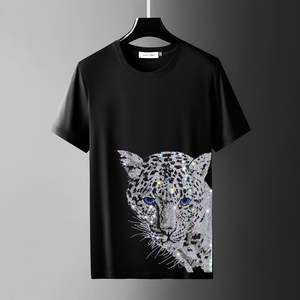 豹子重工烫钻短袖男女字母上衣男友风t恤欧货个性双丝光丝柔棉