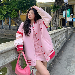 粉色棒球服外套女2022年新款春秋撞色小个子设计感小众上衣潮ins