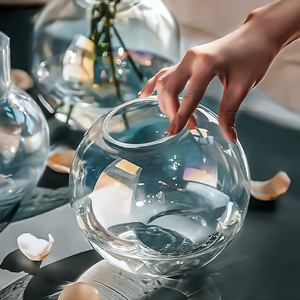 高级感客厅水培插花花瓶玻璃透明圆球形幻彩圆型彩色七彩花器摆件
