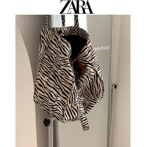 zara斑马纹帆布包包女2022新款潮绒面托特包小众百搭大容量单肩包