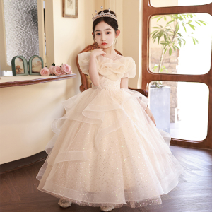 儿童主持钢琴演出礼服2024新款香槟色高端洋气女童生日礼服公主裙