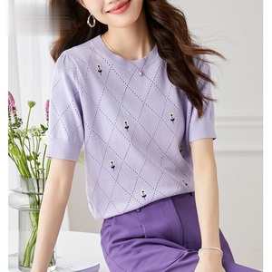 别致紫色刺绣菊花镂空短袖针织衫女夏季气质减龄显瘦半袖t恤上衣