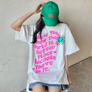 韩国盼盼noko字母短袖t恤女宽松小众地球笑脸欧阳娜娜同款夏上衣