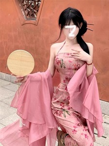 新中式粉色披肩防晒衣女款配吊带裙旗袍外搭开衫薄纱夏天长款外套