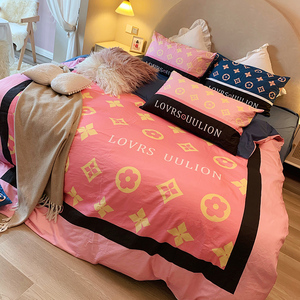 爱马仕欧式轻奢潮牌风纯棉印花床单四件套全棉公主少女被套粉色被