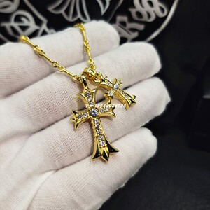 十字架纯银镀22k黄金镶钻带钻大小双十字架克罗心金色项链ch男女