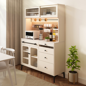 北欧简约岩板餐边柜一体靠墙备餐柜奶油白烤漆极简餐厅家用储物柜