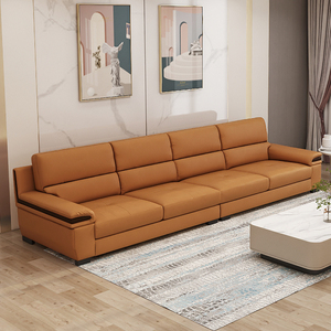 富牌沙发大户型意式极简客厅直排皮沙发四人位组合全皮艺褐色480c