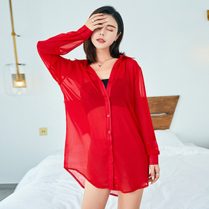 透明衬衫女超薄女士性感中长款纯欲雪纺红色透视睡衣衬衣防晒上衣