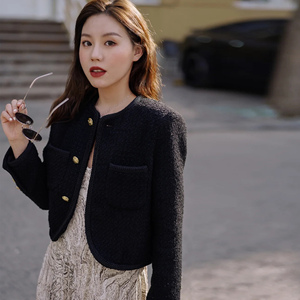 celine dgds早春法式马车金扣小香风羊毛粗花呢修身短外套上衣女